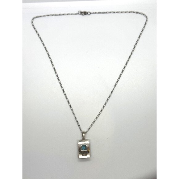 Sterling Silver 925 Necklace Artisan Hammered Pendant Blue Opal Style Inlay 16" - Picture 10 of 11